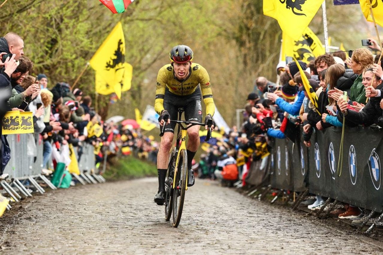 Matteo Jorgenson was one of just three riders who were able to ride the full length of a rain-soaked Koppenberg 