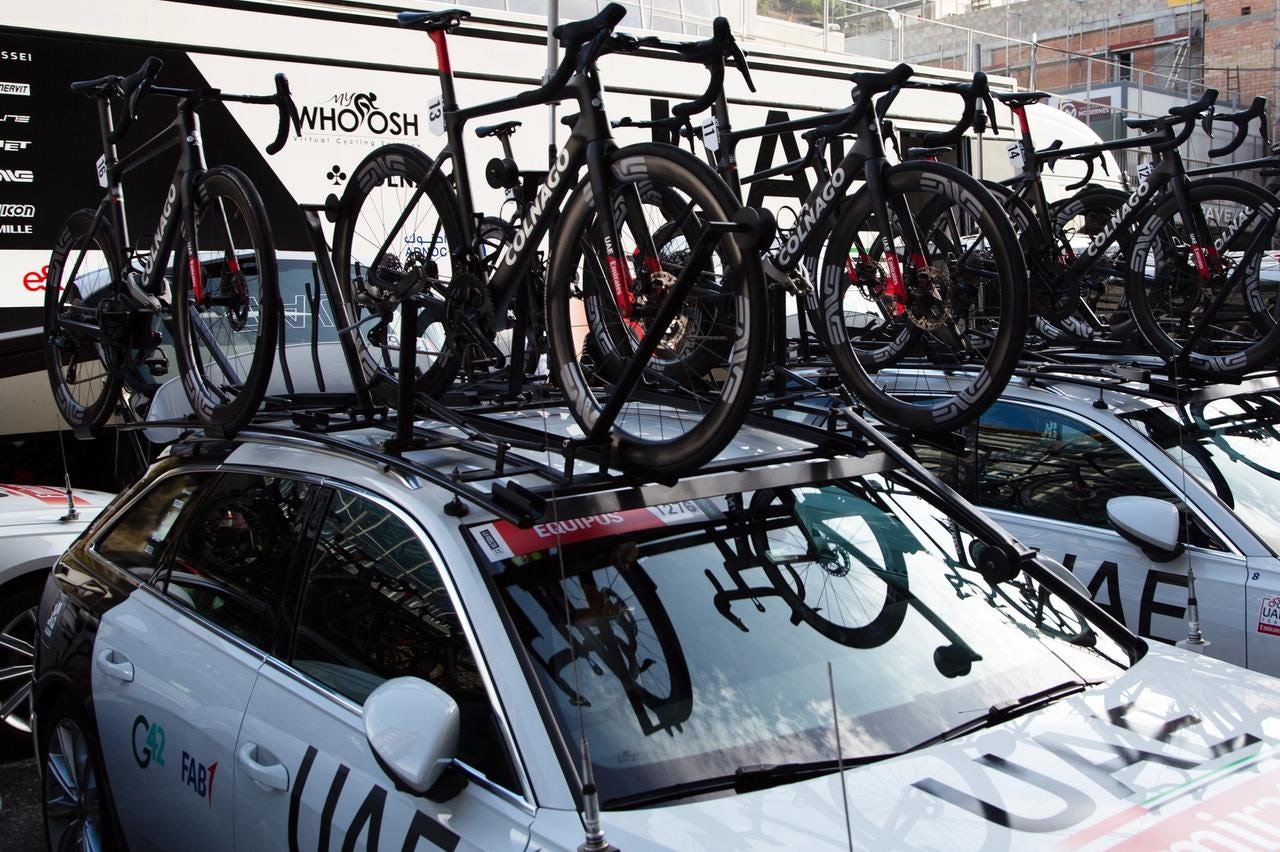 A UAE Team Emirates car loaded with bikes at the Vuelta a España