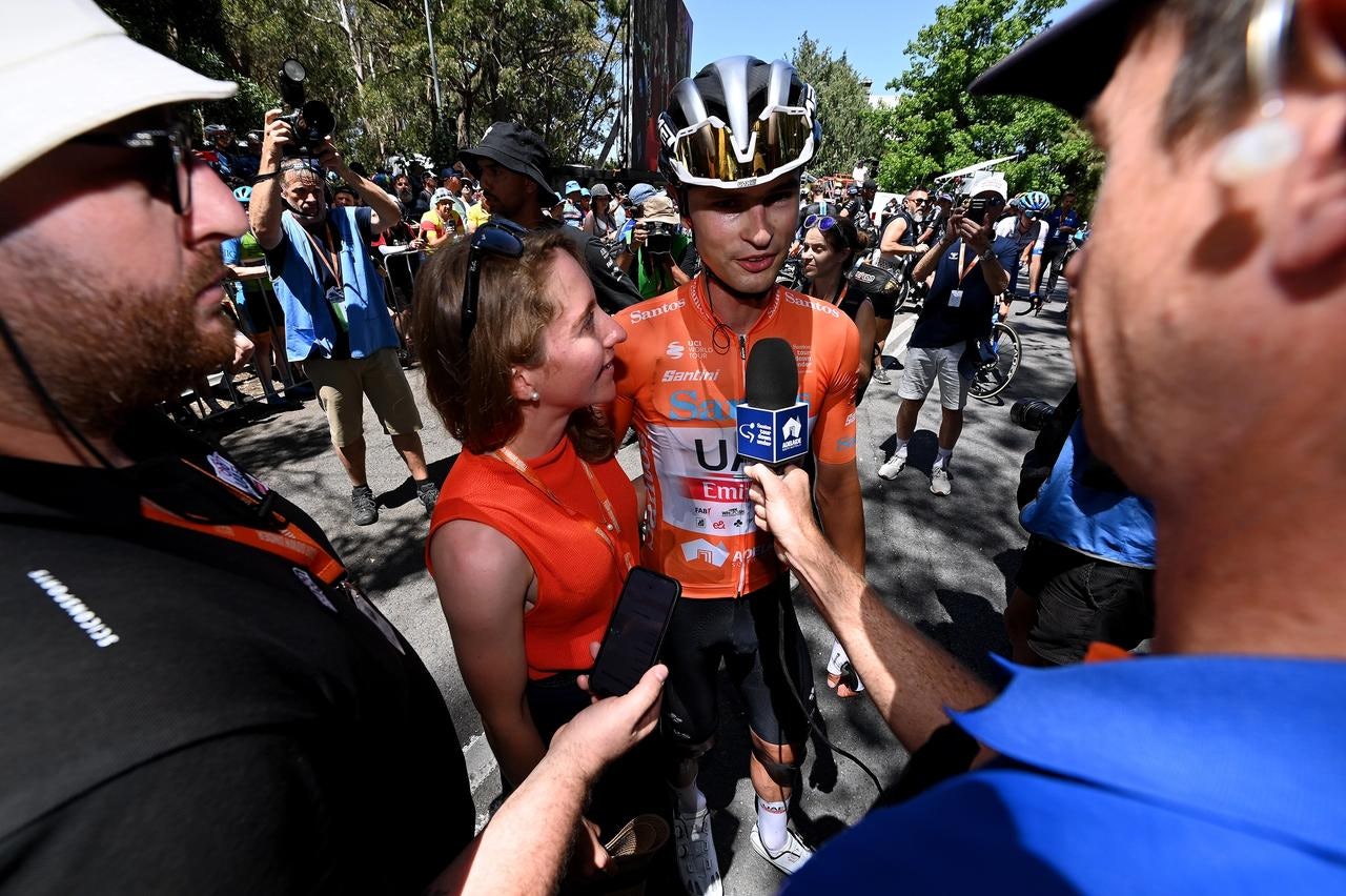 Jay Vine after he took a thrilling victory in the 2023 Tour Down Under