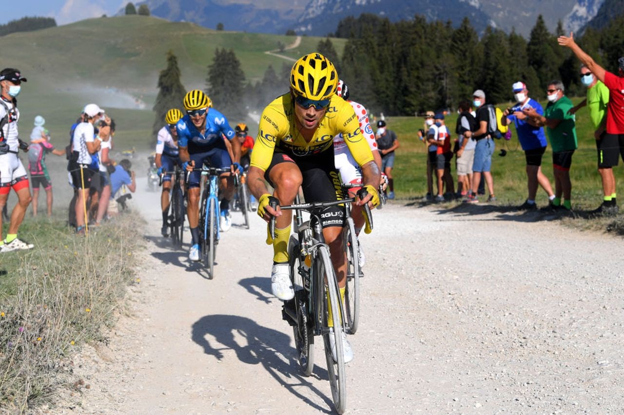Primož Roglič wearing the yellow jersey at the 2020 Tour de France
