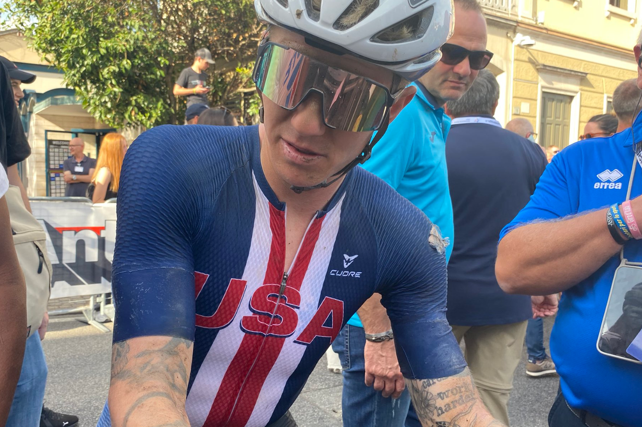Keegan Swenson (United States of America) at the finish of the UCI Gravel Worlds