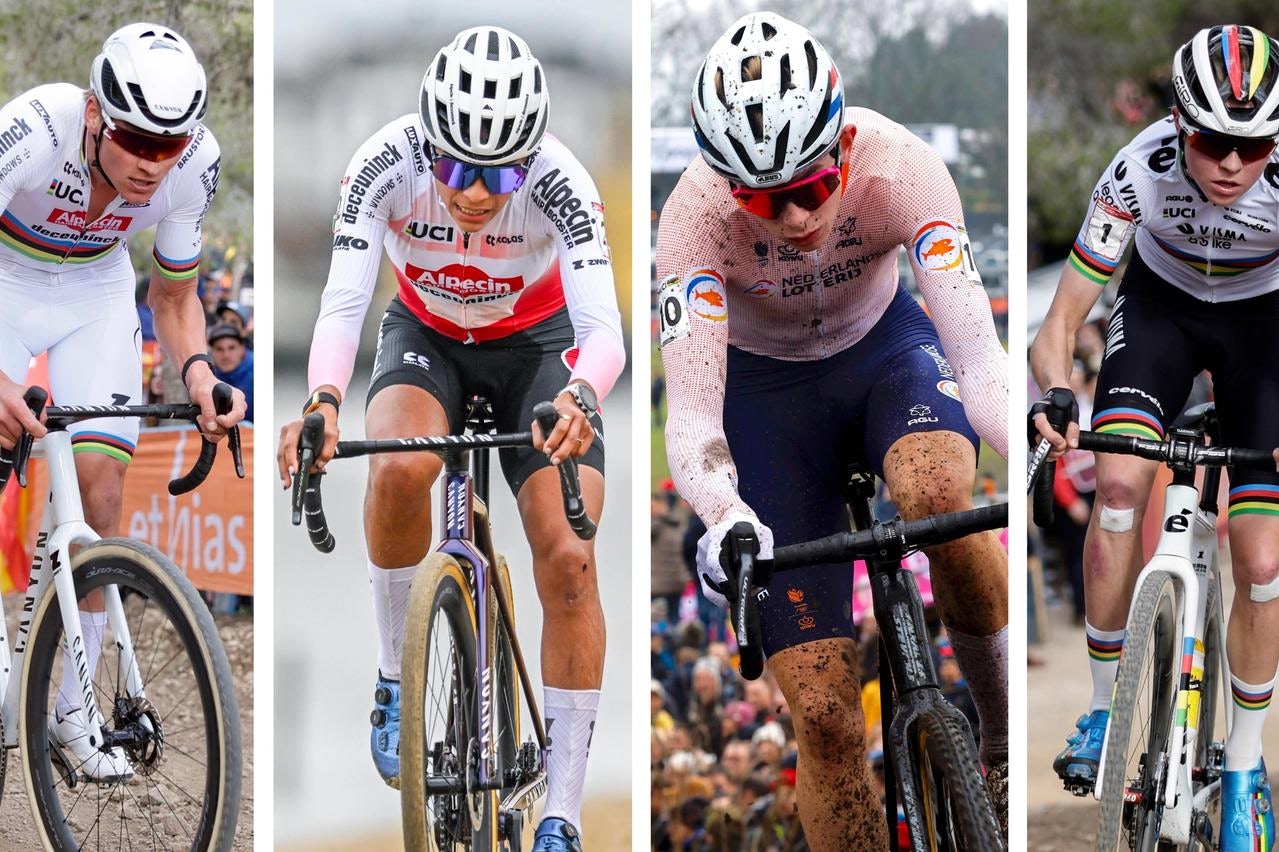 Mathieu van der Poel, Ceylin del Carmen Alvarado, Tibor del Grosso, and Fem Van Empel (L-R) are among the contenders for the Cyclo-cross World Championships