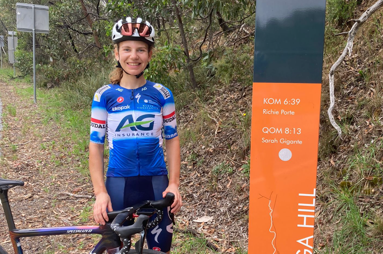 Sarah Gigante makes a quick stop at the summit of Willunga Hill to check out her Strava record