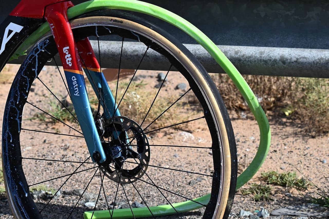 De Gendt's wheel and foam insert in the aftermath of the crash at the UAE Tour