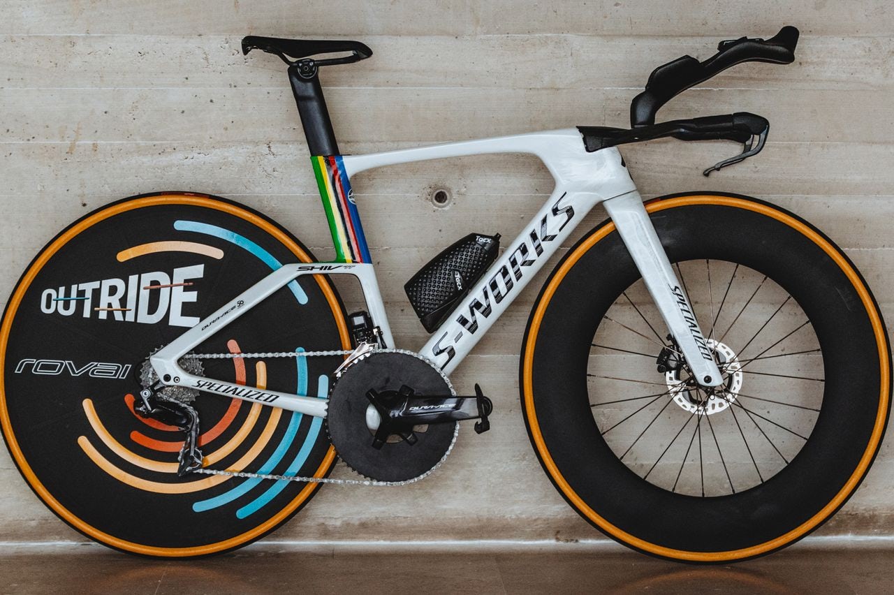 Remco Evenepoel's rainbow themed Specialized Shiv time trial bike