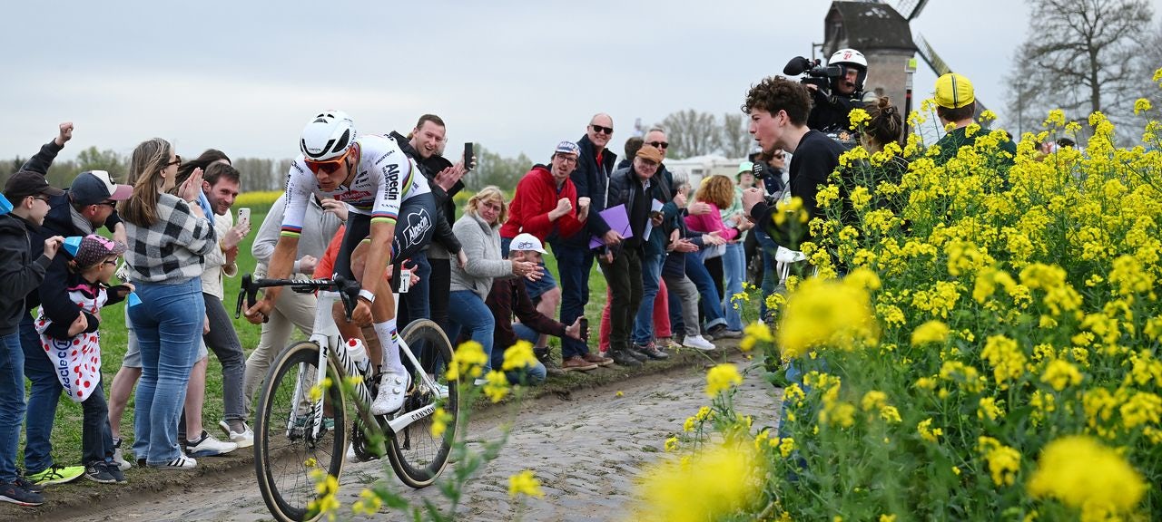 Mathieu van der Poel on his way to a second Paris-Roubaix victory in 2024