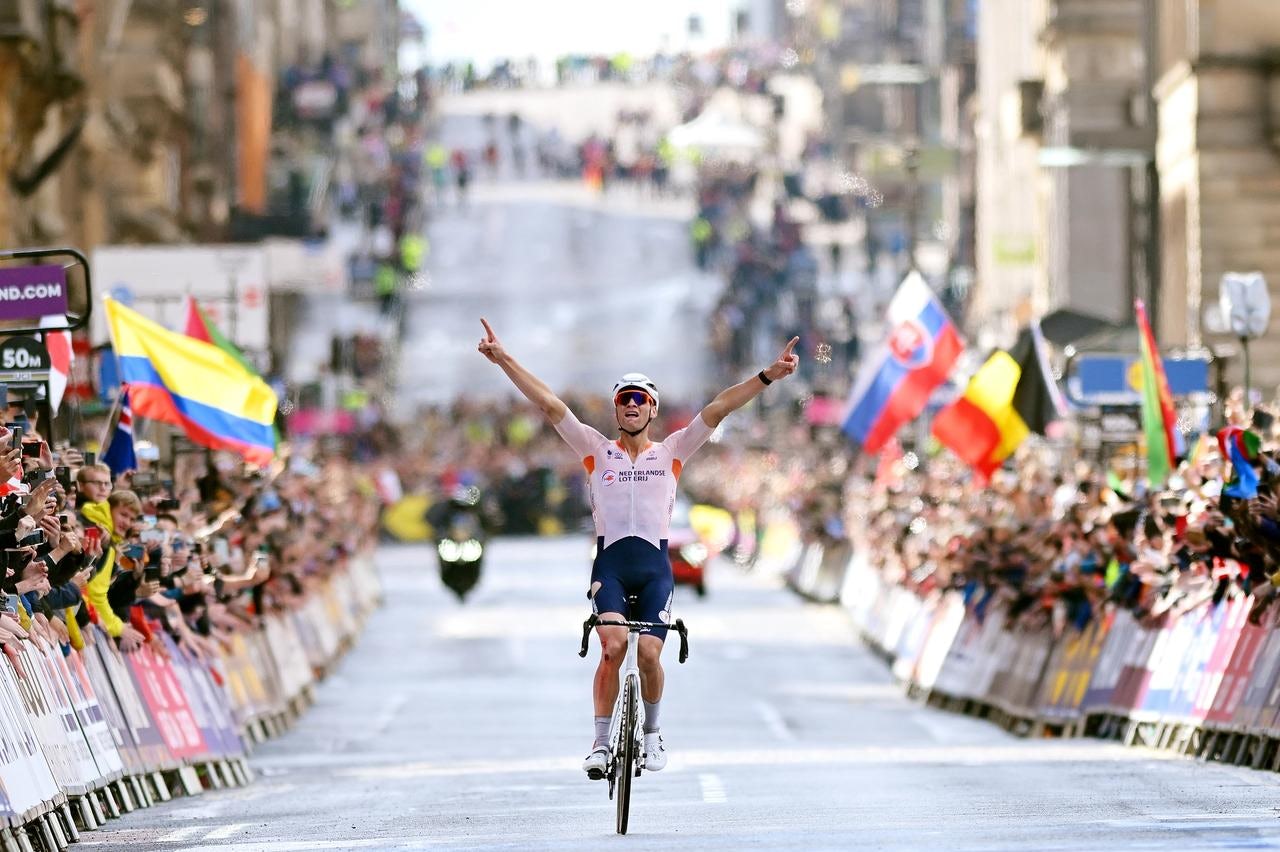 Mathieu van der Poel had enough time to sit up and celebrate his biggest road win yet at the Glasgow World Championships