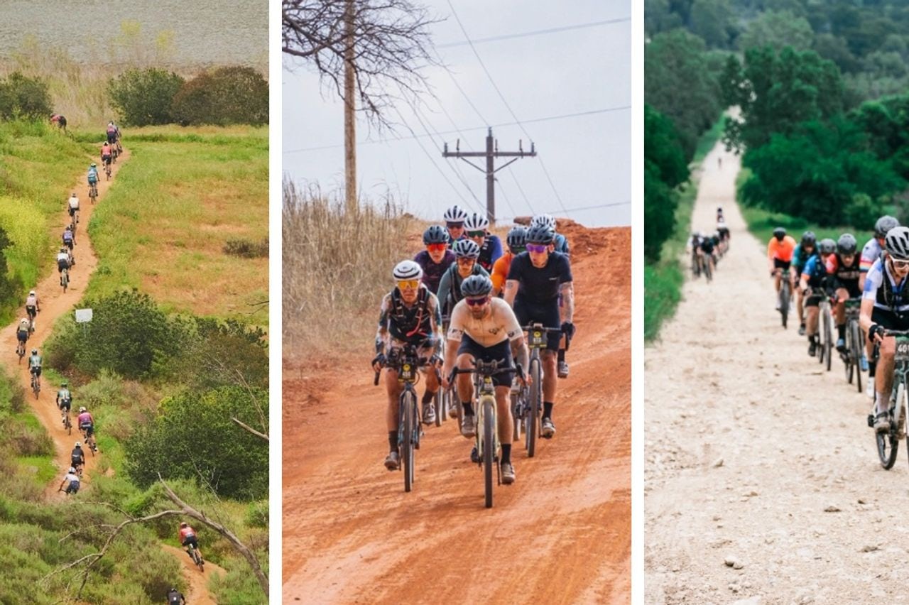 Three images of US gravel races, from left to right: Belgian Waffle Ride Arizona, The Mid South, Gravel Locos