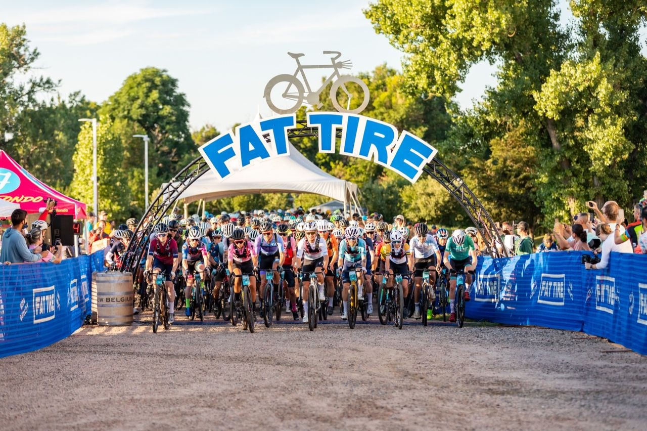 The start of the FoCo Fondo long course under the Fat Tire arch at New Belgian Brewing