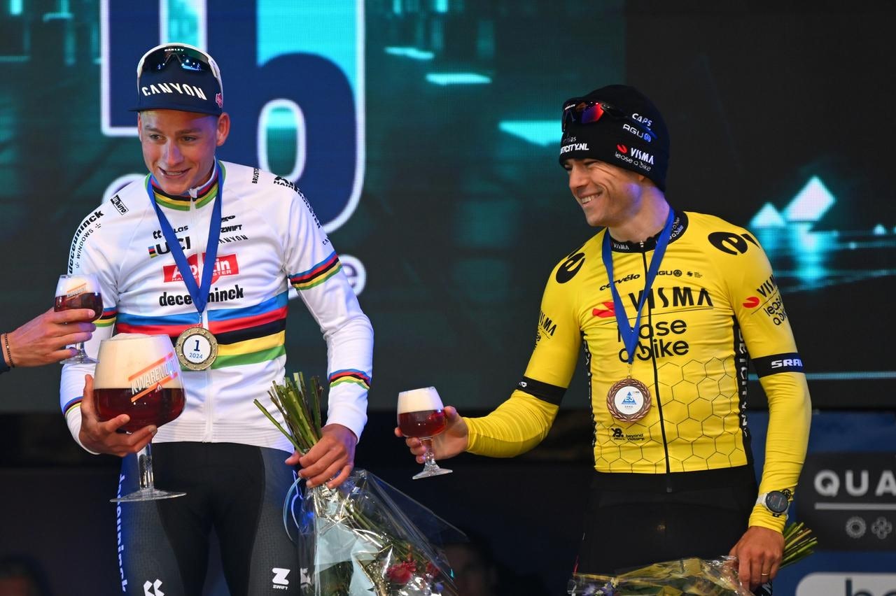 Mathieu van der Poel and Wout van Aert on the podium at the E3 Saxo Classic