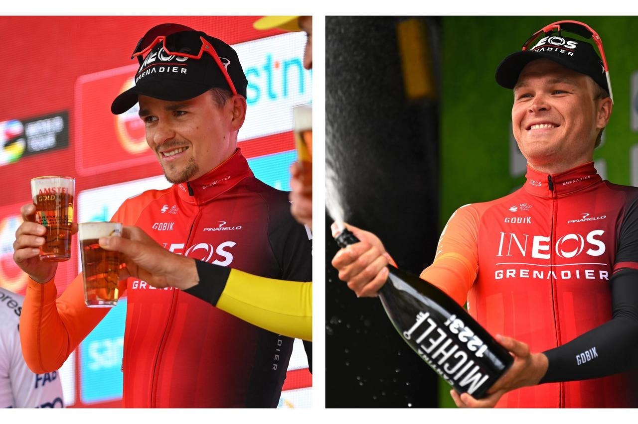 Tom Pidcock (left) and Tobias Foss (right) brought Ineos Grenadiers to the top step of the podium on Sunday and Monday, respectively