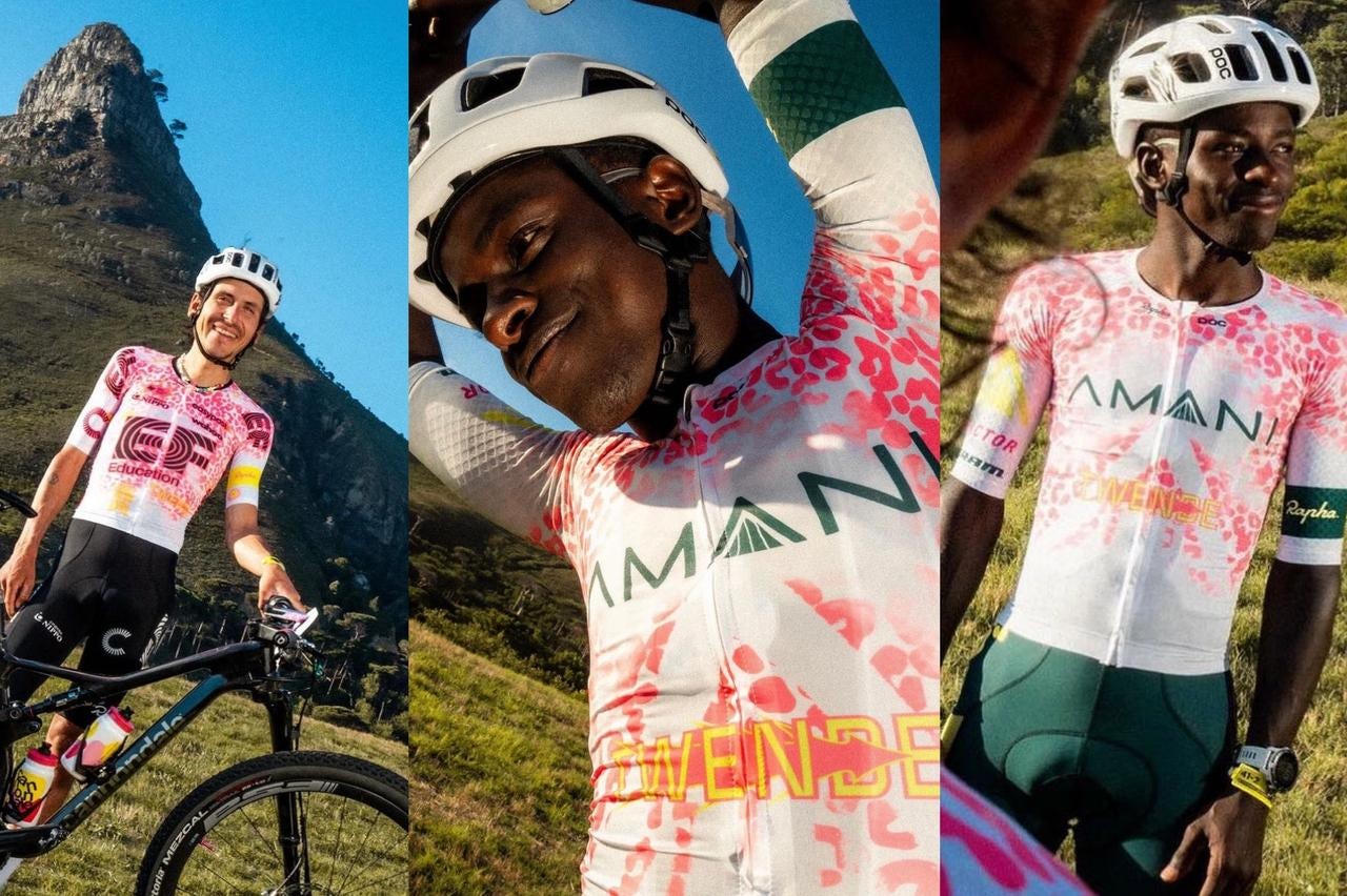 White and pink kit, worn by Lachlan Morton (left) and Jordan Schleck (centre/right), gives hint at Rapha's upcoming kit for Team AMANI
