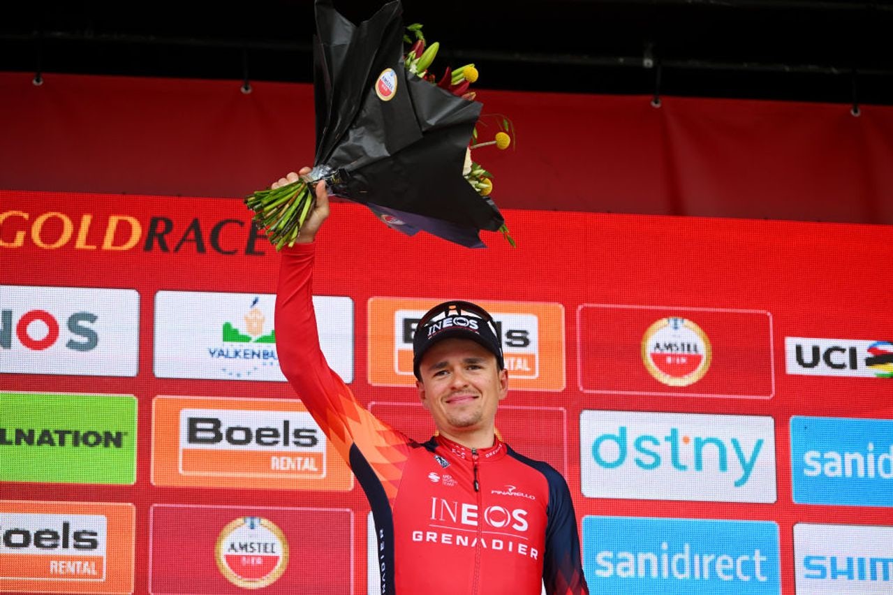 Tom Pidcock on the podium of the 2023 Amstel Gold Race