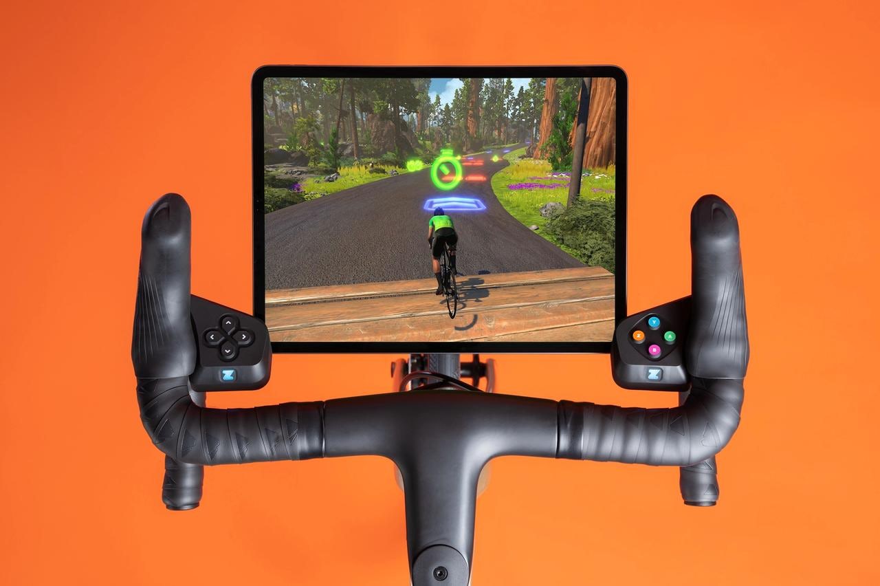 Zwift Play controllers on drop handlebars.