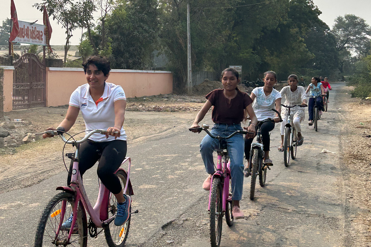 Pragnya Mohan leads the first cohort of girls on a ride